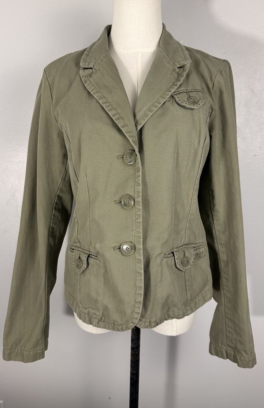 VTG Y2K American Eagle Olive Green Utility Blazer Jacket Cargo Boho Stitch L